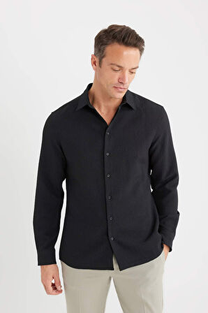 DeFacto Modern Fit Polo Yaka Dokuma Uzun Kollu Siyah Gömlek D7246AX25SPBK27