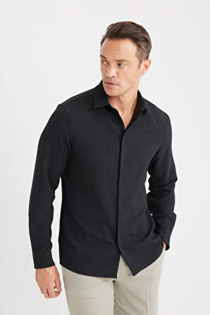 DeFacto Modern Fit Polo Yaka Dokuma Uzun Kollu Siyah Gömlek D7246AX25SPBK27