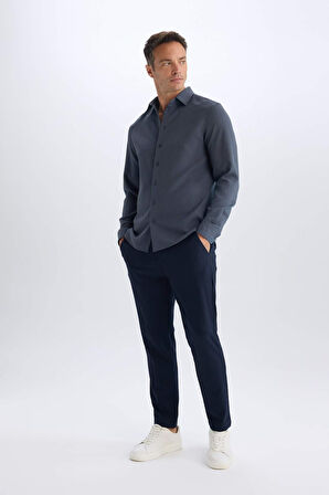 Modern Fit Polo Yaka Dokuma Uzun Kollu Gömlek