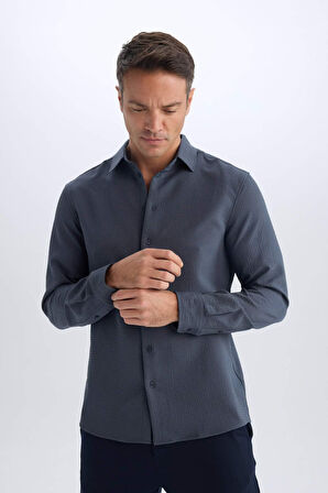 Modern Fit Polo Yaka Dokuma Uzun Kollu Gömlek
