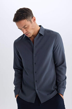 Modern Fit Polo Yaka Dokuma Uzun Kollu Gömlek