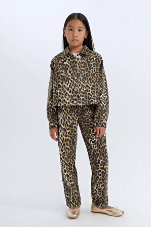 DeFacto Kız Çocuk Leopar Desenli 90's Wide Leg Düz Paça Gabardin Pantolon E2778A824WNBK27