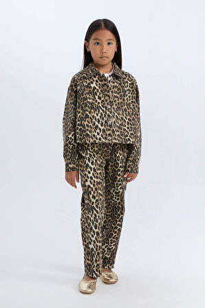 DeFacto Kız Çocuk Leopar Desenli 90's Wide Leg Düz Paça Gabardin Pantolon E2778A824WNBK27