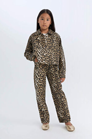 DeFacto Kız Çocuk Leopar Desenli 90's Wide Leg Düz Paça Gabardin Pantolon E2778A824WNBK27