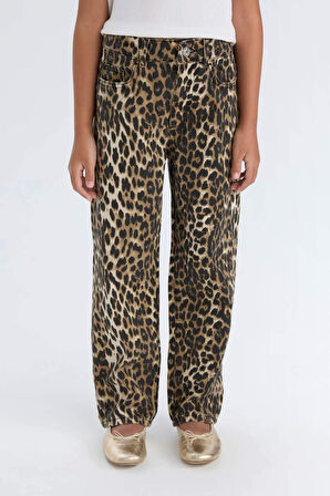 DeFacto Kız Çocuk Leopar Desenli 90's Wide Leg Düz Paça Gabardin Pantolon E2778A824WNBK27
