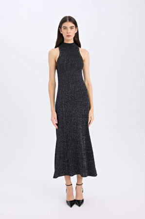 Yılbaşı Temalı A Kesim Yarım Balıkçı Yaka Ribana Kolsuz Maxi Elbise