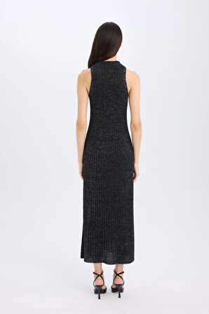 Yılbaşı Temalı A Kesim Yarım Balıkçı Yaka Ribana Kolsuz Maxi Elbise