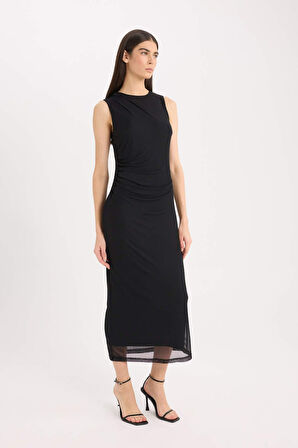 Bodycon Vücudu Saran Yuvarlak Yaka Basic Düz Tül Kolsuz Midi Elbise