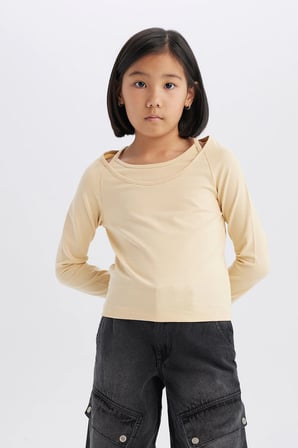 DeFacto Slim Fit Dar Kesim Kaçık Yaka Baskılı Fitilli Kaşkorse Uzun Kollu Tişört Kız Çocuk D9237A825SPBG362