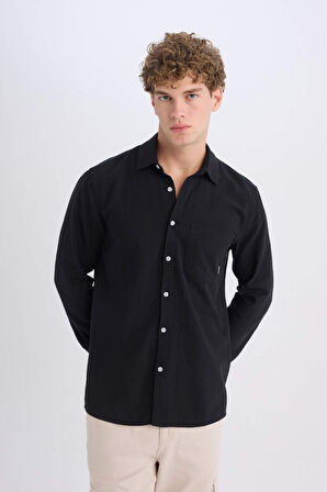 DeFacto %100 Pamuk Regular Fit Basic Düz Uzun Kollu Siyah Gömlek D7079AX25SPBK81