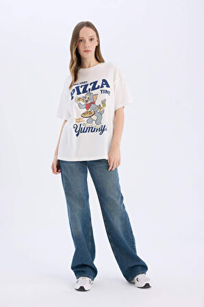 DeFacto Coool Tom & Jerry Oversize Geniş Kalıp Bisiklet Yaka Kısa Kollu Tişört D9120AX25SMWT32