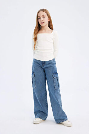 Kız Çocuk Slim Fit Dar Kesim Bisiklet Yaka Fitilli Kaşkorse Uzun Kollu Tişört