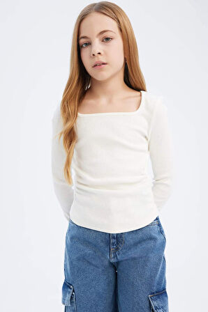 Kız Çocuk Slim Fit Dar Kesim Bisiklet Yaka Fitilli Kaşkorse Uzun Kollu Tişört
