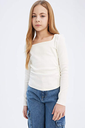 Kız Çocuk Slim Fit Dar Kesim Bisiklet Yaka Fitilli Kaşkorse Uzun Kollu Tişört