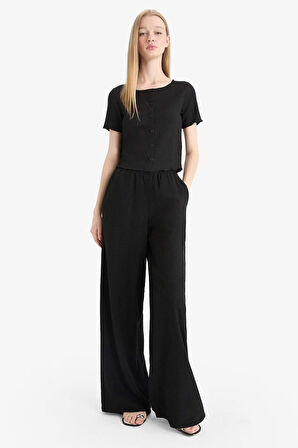 Coool Wide Leg Beli Lastikli Krep Pantolon