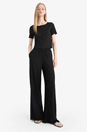 Coool Wide Leg Beli Lastikli Krep Pantolon