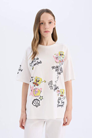 Coool SpongeBob Oversize Geniş Kalıp Bisiklet Yaka Baskılı Kısa Kollu Tişört