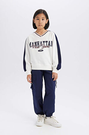 DeFacto Kız Çocuk Oversize Geniş Kalıp Bisiklet Yaka Baskılı Sweatshirt D9917A825SPER85