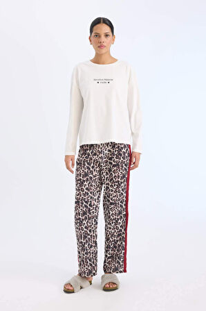 DeFacto Fall in Love Pijama Takımı Regular Fit Uzun Kollu Baskılı Üst Leopar Desenli Uzun Alt E2352AX24WNBK81