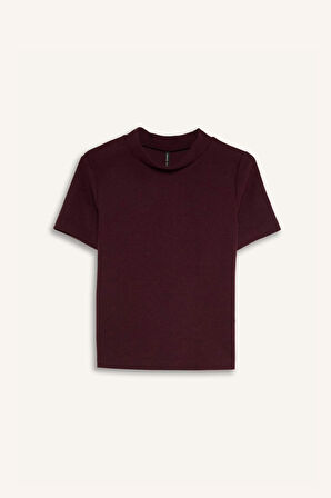 DeFacto Slim Fit Dar Kesim Yarım Balıkçı Yaka Basic Düz Kısa Kollu Bordo Tişört D9758AX24WNBR34