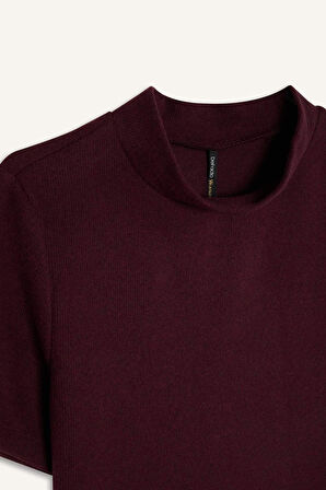 DeFacto Slim Fit Dar Kesim Yarım Balıkçı Yaka Basic Düz Kısa Kollu Bordo Tişört D9758AX24WNBR34