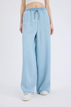 Pull On Wide Leg Yüksek Bel Düz Paça Yumuşak Jean Yıkamalı Pantolon