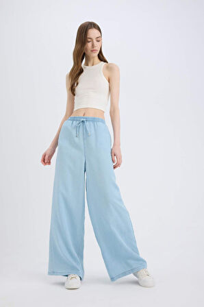 Pull On Wide Leg Yüksek Bel Düz Paça Yumuşak Jean Yıkamalı Pantolon
