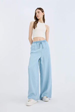 Pull On Wide Leg Yüksek Bel Düz Paça Yumuşak Jean Yıkamalı Pantolon
