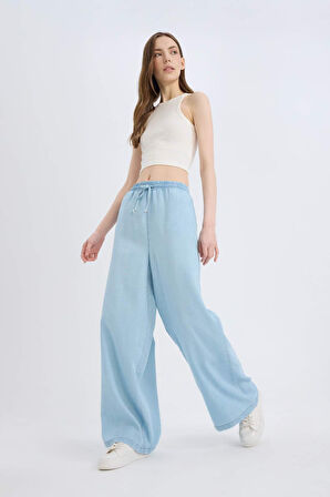 Pull On Wide Leg Yüksek Bel Düz Paça Yumuşak Jean Yıkamalı Pantolon
