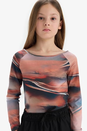 DeFacto Slim Fit Dar Kesim Kaçık Yaka Uzun Kollu Tişört Kız Çocuk D9268A825SPBG387