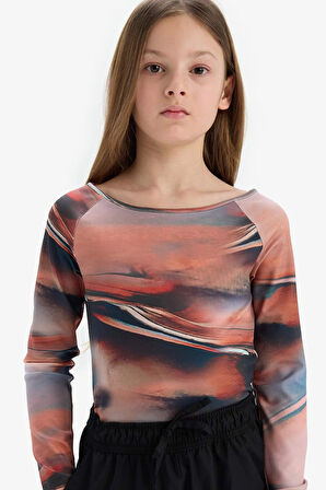 DeFacto Kız Çocuk Slim Fit Dar Kesim Kaçık Yaka Uzun Kollu Tişört D9268A825SPBG387