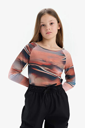 DeFacto Kız Çocuk Slim Fit Dar Kesim Kaçık Yaka Uzun Kollu Tişört D9268A825SPBG387