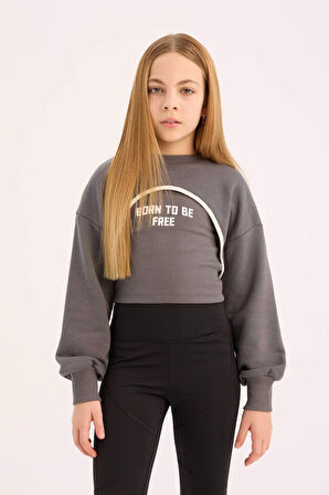 Kız Çocuk Crop Bisiklet Yaka Baskılı Sweatshirt