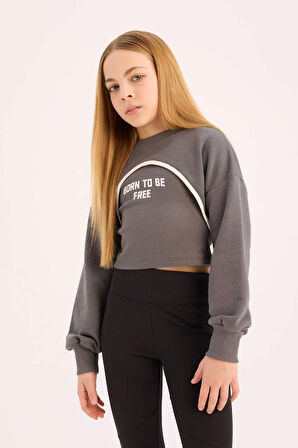 Kız Çocuk Crop Bisiklet Yaka Baskılı Sweatshirt