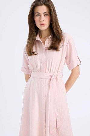 Gömlek Yaka Kısa Kollu Kuşaklı Midi Elbise