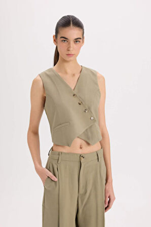 Regular Fit Blazer Yelek V Yaka Çapraz Düğmeli Beyaz Tensel