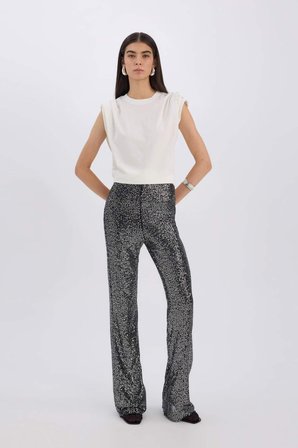DeFacto Siyah Şık Payetli Pantolon Flare Fit Yüksek Bel Standart Boy E1773AX24CWBK27