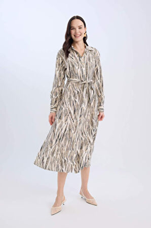 Regular Fit Desenli V Yaka Kuşaklı Uzun Kollu Maxi Elbise