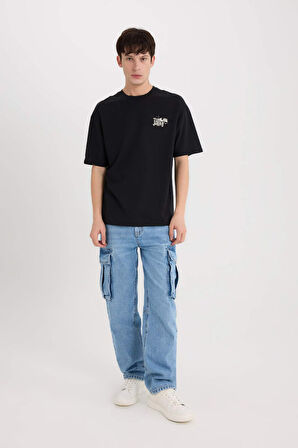 DeFacto %100 Pamuk Tom & Jerry Boxy Fit Bisiklet Yaka Sırt Baskılı Kısa Kollu Tişört D6790AX25SPBK81