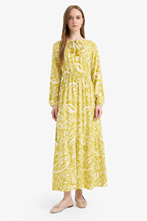 Bisiklet Yaka Desenli Viskon Uzun Kollu Maxi Elbise