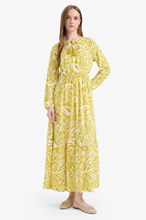 Bisiklet Yaka Desenli Viskon Uzun Kollu Maxi Elbise