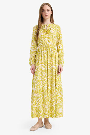 Bisiklet Yaka Desenli Viskon Uzun Kollu Maxi Elbise