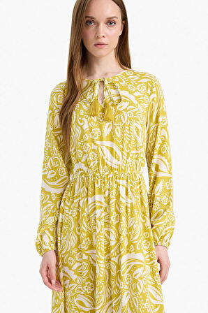 Bisiklet Yaka Desenli Viskon Uzun Kollu Maxi Elbise