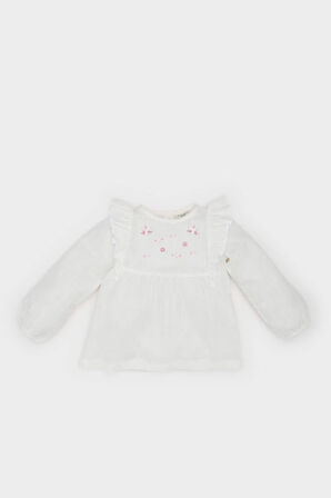 Kız Bebek Bisiklet Yaka Floral Flamlı Poplin Uzun Kollu Gömlek