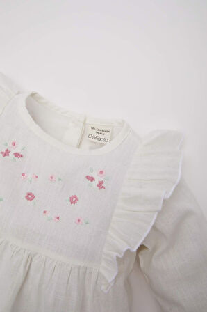 Kız Bebek Bisiklet Yaka Floral Flamlı Poplin Uzun Kollu Gömlek