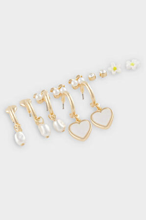 Kadın 6'lı İnci Detaylı Gold Küpe