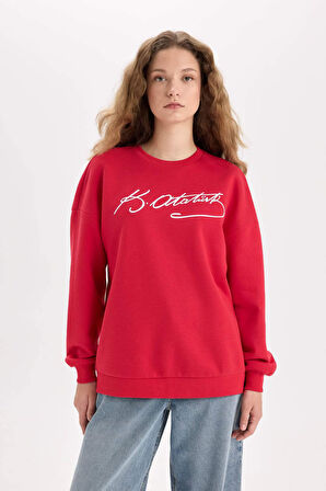 DeFacto Oversize Geniş Kalıp Atatürk İmzalı Bisiklet Yaka Kalın Sweatshirt E5446AX24WNRD286