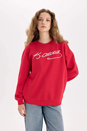 DeFacto Oversize Geniş Kalıp Atatürk İmzalı Bisiklet Yaka Kalın Sweatshirt E5446AX24WNRD286