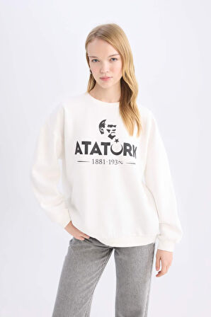 DeFacto Oversize Geniş Kalıp Bisiklet Yaka Atatürk Baskılı Sweatshirt E5447AX24WNWT32