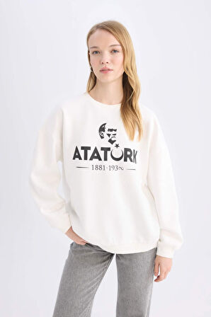 DeFacto Oversize Geniş Kalıp Bisiklet Yaka Atatürk Baskılı Sweatshirt E5447AX24WNWT32